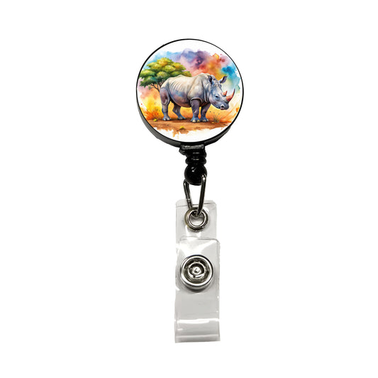 Rhinoceros African Plain Watercolor Design Retractable ID Key Card Name Tag Badge Holder with Clip