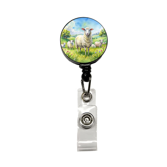 Sheep In Meadow Watercolor Design Retractable ID Key Card Name Tag Badge Holder with Clip