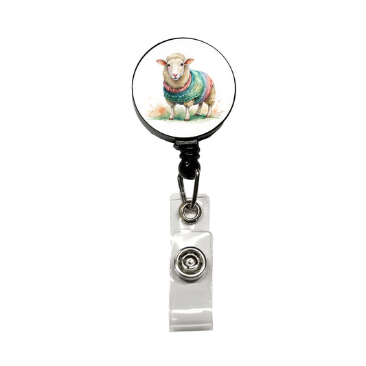 Sheep Wearing A Sweater Watercolor Retractable ID Key Card Name Tag Badge Holder with Clip