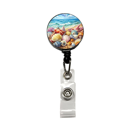 Shells Beach Watercolor Design Retractable ID Key Card Name Tag Badge Holder with Clip