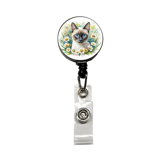 Siamese Cat Watercolor Design With Daisies Retractable ID Key Card Name Tag Badge Holder with Clip