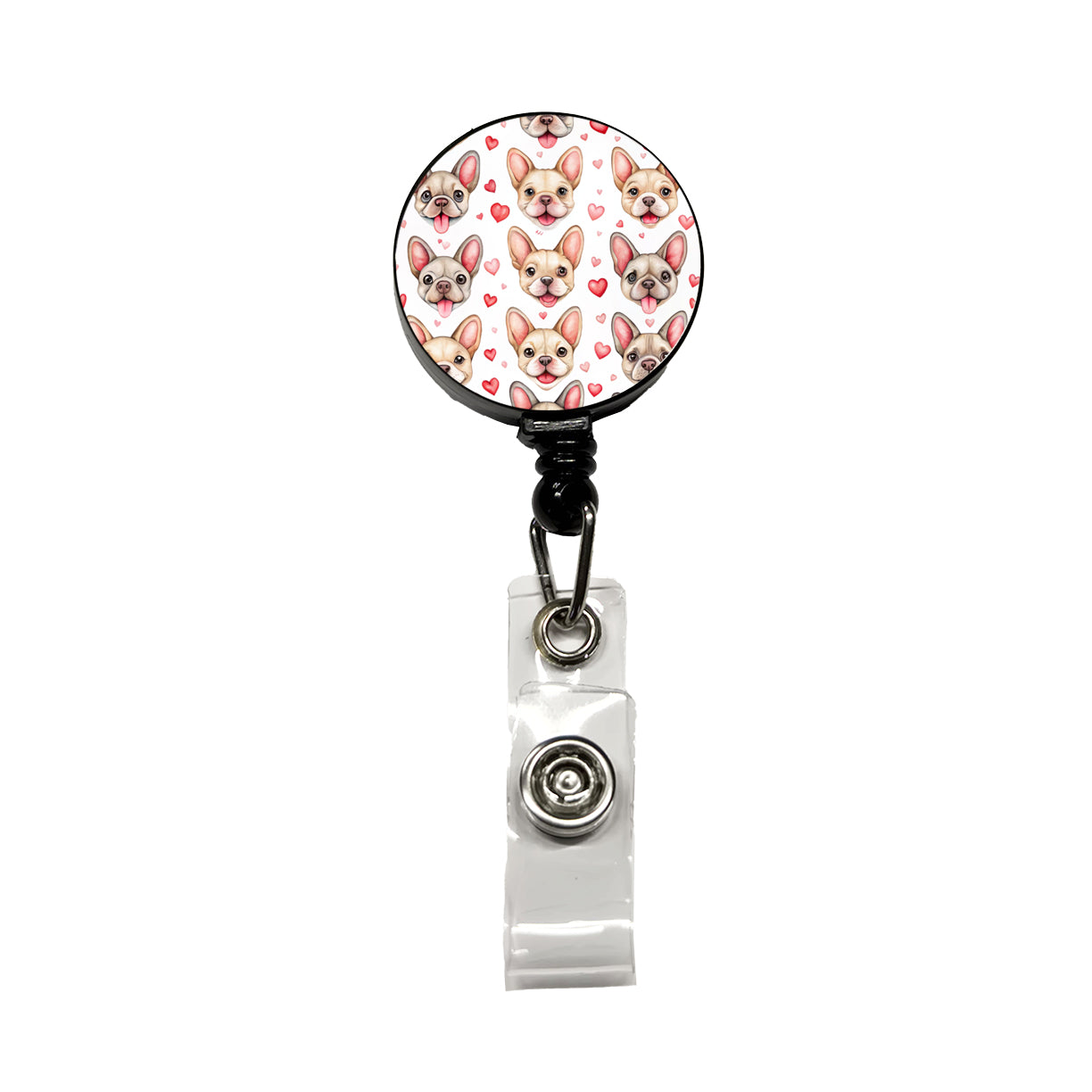 Smiling Cute French Bulldog Dog Faces Hearts Retractable ID Key Card Name Tag Badge Holder with Clip