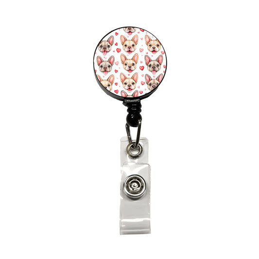 Smiling Cute French Bulldog Dog Faces Hearts Retractable ID Key Card Name Tag Badge Holder with Clip