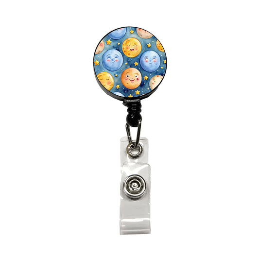 Smiling Moons Watercolor Retractable ID Key Card Name Tag Badge Holder with Clip