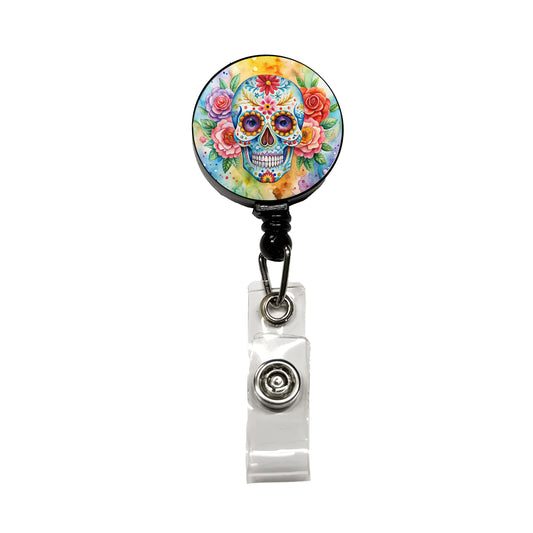 Sugar Skull Watercolor Retractable ID Key Card Name Tag Badge Holder with Clip