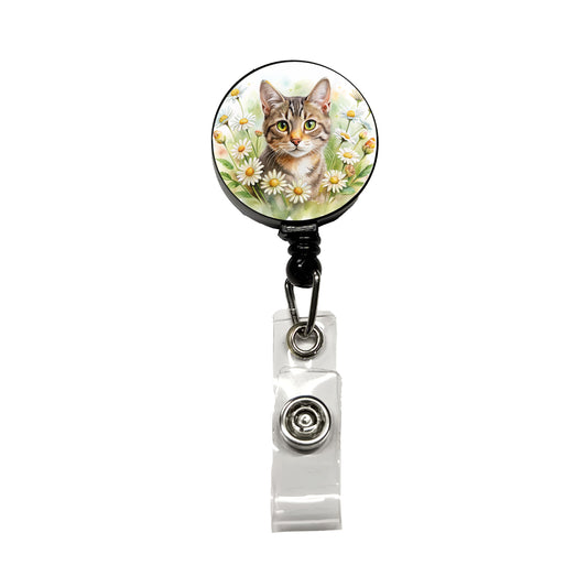 Tabby Cat Watercolor Design With Daisies Retractable ID Key Card Name Tag Badge Holder with Clip