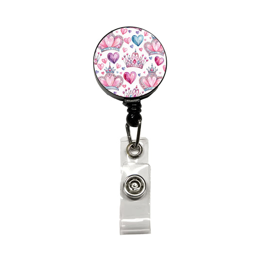 Tiaras Crowns Royalty Hearts Watercolor Retractable ID Key Card Name Tag Badge Holder with Clip