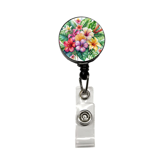 Tropical Flowers Watercolor Design Retractable ID Key Card Name Tag Badge Holder with Clip