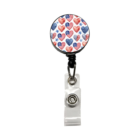 USA American Flags Hearts 4th of July Patriotic Watercolor Retractable ID Key Card Name Tag Badge Holder with Clip