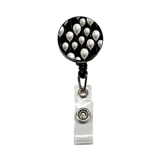 White Balloons Black Background Birthday Retractable ID Key Card Name Tag Badge Holder with Clip