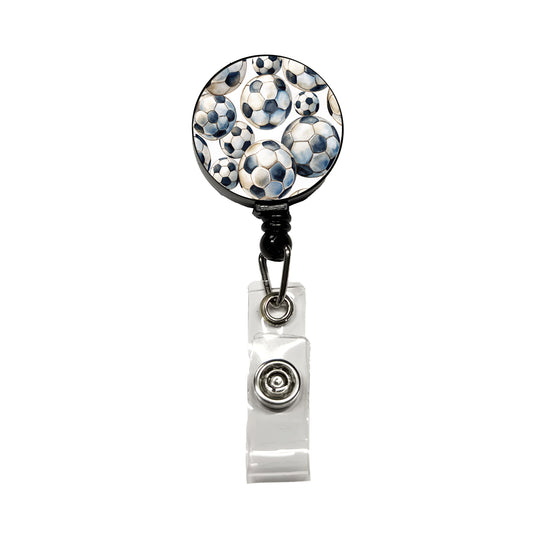 White Black Soccer Balls Watercolor Retractable ID Key Card Name Tag Badge Holder with Clip