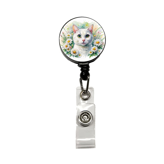 White Cat Watercolor Design With Daisies Retractable ID Key Card Name Tag Badge Holder with Clip
