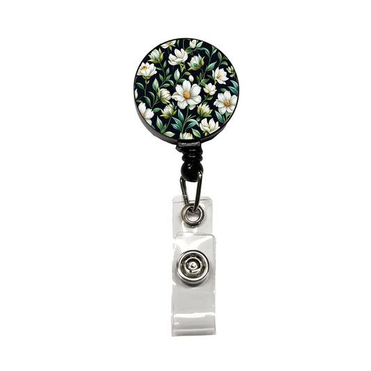 White Flowers Black Background Retractable ID Key Card Name Tag Badge Holder with Clip