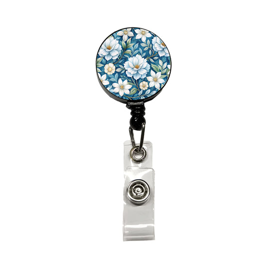 White Flowers Blue Background Retractable ID Key Card Name Tag Badge Holder with Clip