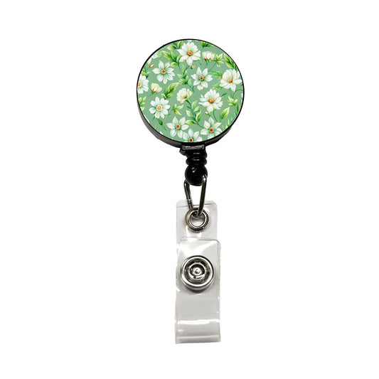 White Flowers Green Background Retractable ID Key Card Name Tag Badge Holder with Clip
