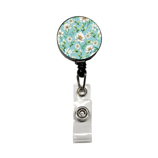 White Flowers Light Blue Background Retractable ID Key Card Name Tag Badge Holder with Clip