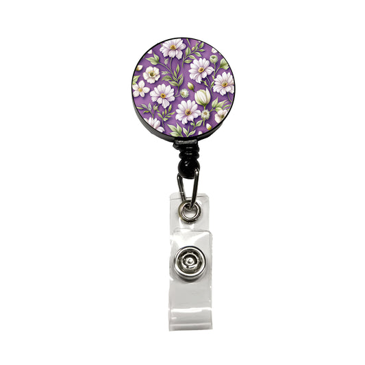 White Flowers Purple Background Retractable ID Key Card Name Tag Badge Holder with Clip