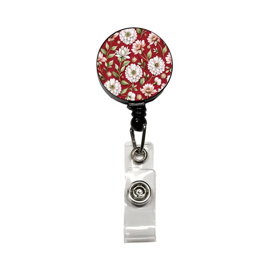 White Flowers Red Background Retractable ID Key Card Name Tag Badge Holder with Clip