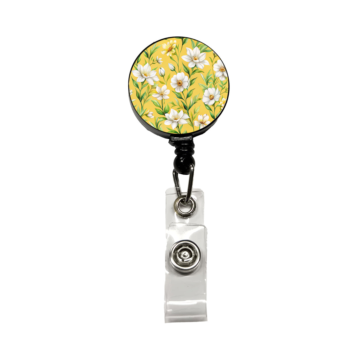 White Flowers Yellow Background Retractable ID Key Card Name Tag Badge Holder with Clip