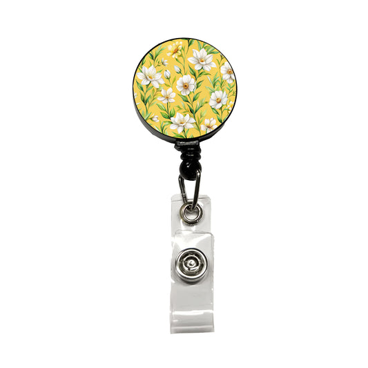 White Flowers Yellow Background Retractable ID Key Card Name Tag Badge Holder with Clip