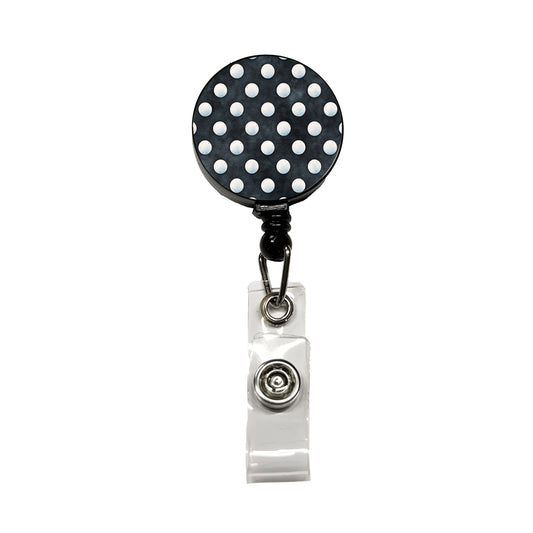 White Polka Dots Black Background Retractable ID Key Card Name Tag Badge Holder with Clip