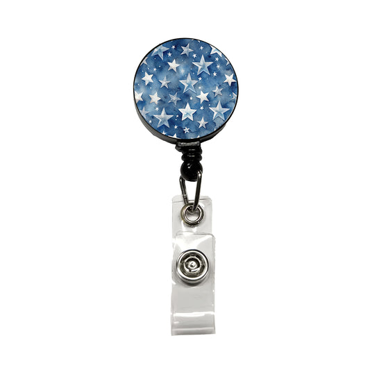 White Stars Blue Background Watercolor Retractable ID Key Card Name Tag Badge Holder with Clip