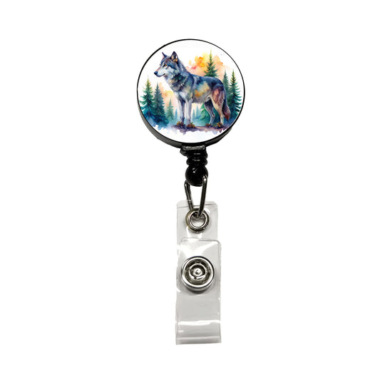 Wolf In Forest Watercolor Design Retractable ID Key Card Name Tag Badge Holder with Clip