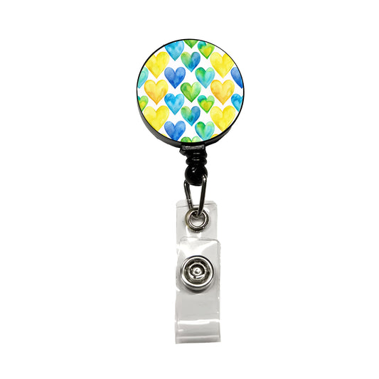 Yellow Blue Green Hearts Watercolor Retractable ID Key Card Name Tag Badge Holder with Clip