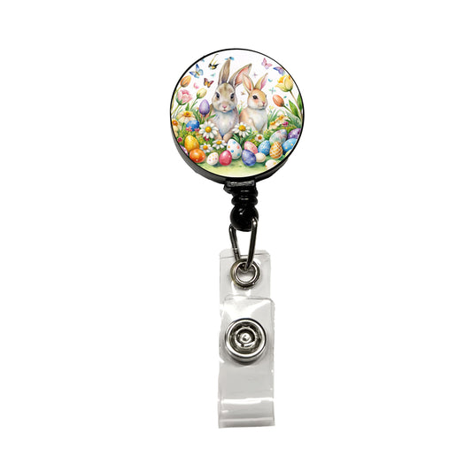 Beautiful Easter Bunnies Rabbits Eggs Flowers Retractable ID Key Card Name Tag Badge Holder with Clip