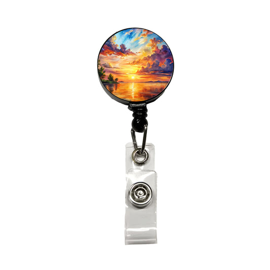 Beautiful Sunset Watercolor Retractable ID Key Card Name Tag Badge Holder with Clip