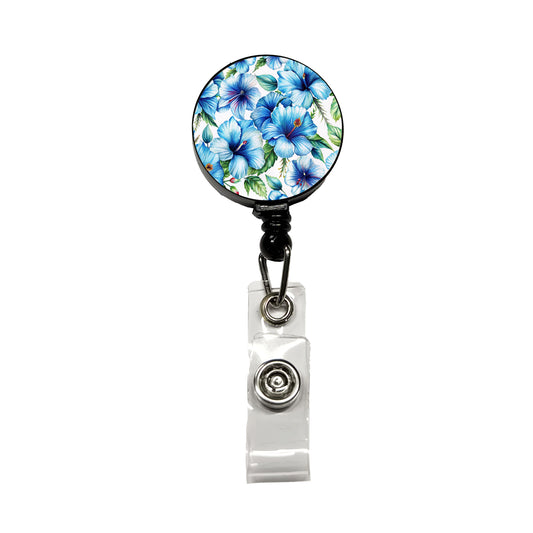 Blue Hibiscus Flowers Watercolor Retractable ID Key Card Name Tag Badge Holder with Clip