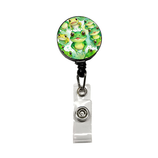 Bunch Of Cute Green Frogs Watercolor Retractable ID Key Card Name Tag Badge Holder with Clip