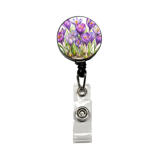 Crocus Purple Flowers Watercolor Retractable ID Key Card Name Tag Badge Holder with Clip