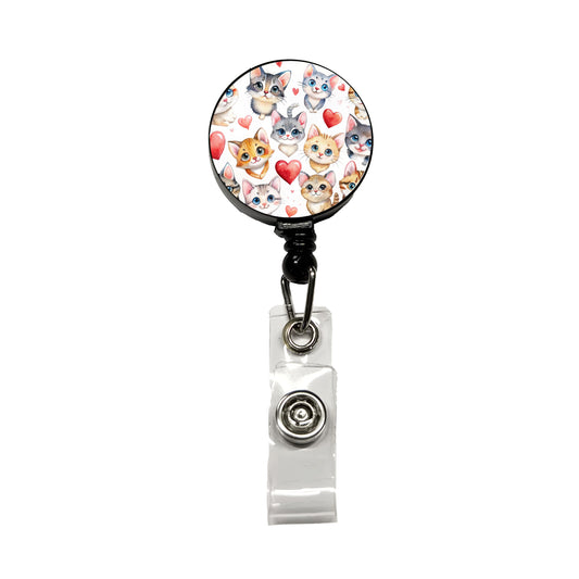 Cute Fun Cats Hearts Watercolor Retractable ID Key Card Name Tag Badge Holder with Clip