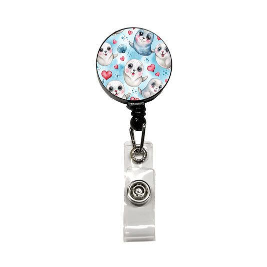 Cute Harp Seals And Hearts Watercolor Retractable ID Key Card Name Tag Badge Holder with Clip