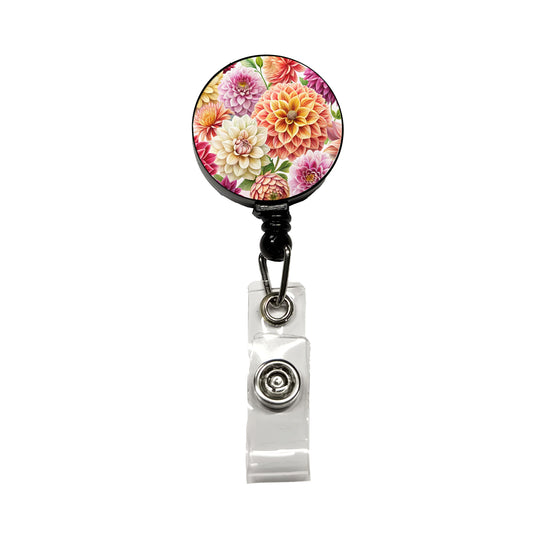 Dahlia Flowers Watercolor Retractable ID Key Card Name Tag Badge Holder with Clip