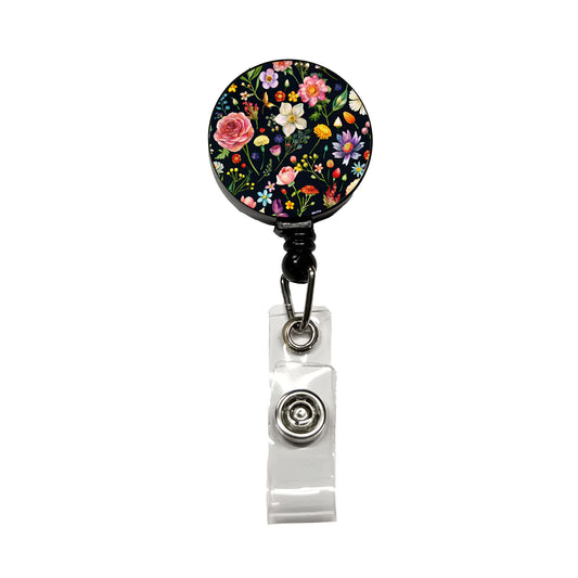 Flowers Black Background Watercolor Retractable ID Key Card Name Tag Badge Holder with Clip