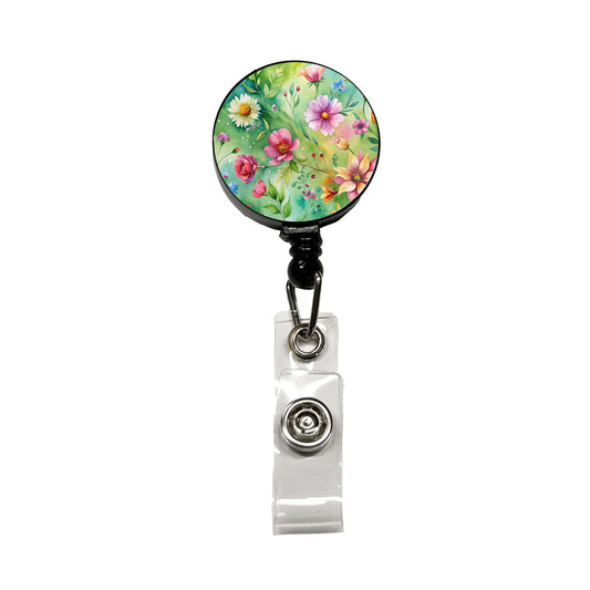 Flowers Green Background Watercolor Retractable ID Key Card Name Tag Badge Holder with Clip