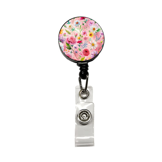 Flowers Pink Background Watercolor Retractable ID Key Card Name Tag Badge Holder with Clip