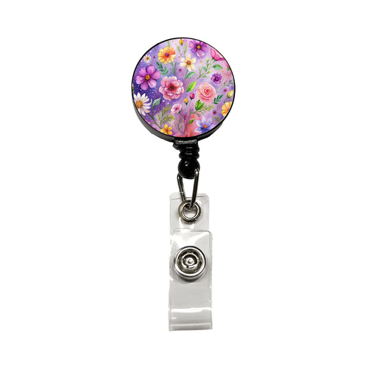 Flowers Purple Background Watercolor Retractable ID Key Card Name Tag Badge Holder with Clip
