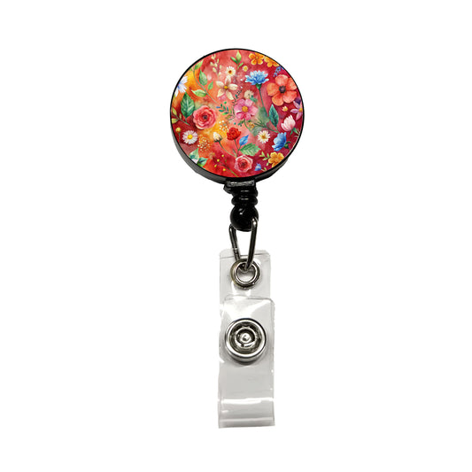 Flowers Red Background Watercolor Retractable ID Key Card Name Tag Badge Holder with Clip