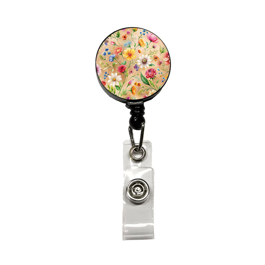 Flowers Tan Background Watercolor Retractable ID Key Card Name Tag Badge Holder with Clip