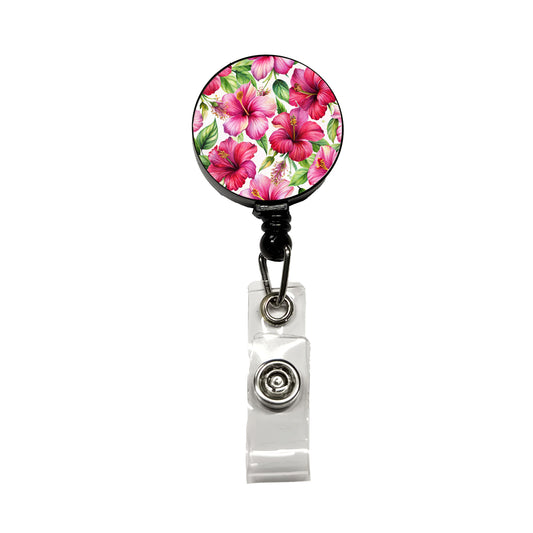 Fuchsia Hibiscus Flowers Watercolor Retractable ID Key Card Name Tag Badge Holder with Clip