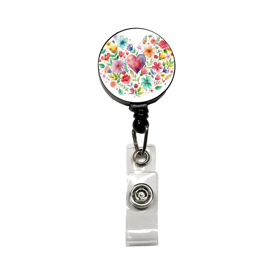 Hearts Flowers Watercolor Retractable ID Key Card Name Tag Badge Holder with Clip