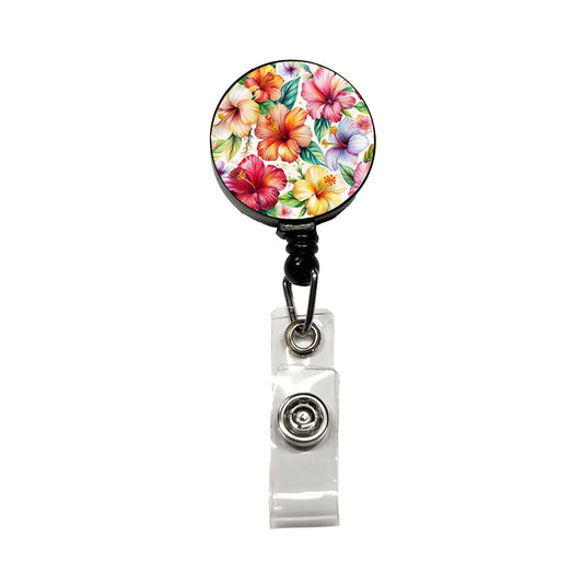 Hibiscus Tropical Flowers Watercolor Retractable ID Key Card Name Tag Badge Holder with Clip