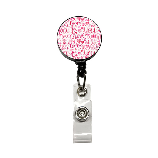 I Love You Script Pink Retractable ID Key Card Name Tag Badge Holder with Clip