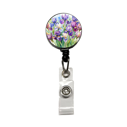Iris Purple Pretty Flowers Watercolor Retractable ID Key Card Name Tag Badge Holder with Clip