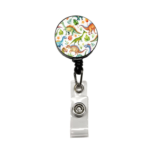 Lots Of Dinosaurs Watercolor Retractable ID Key Card Name Tag Badge Holder with Clip