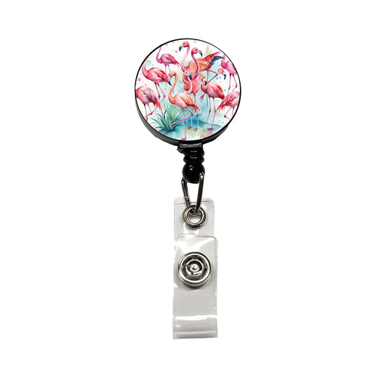 Lots Of Flamingos Watercolor Retractable ID Key Card Name Tag Badge Holder with Clip