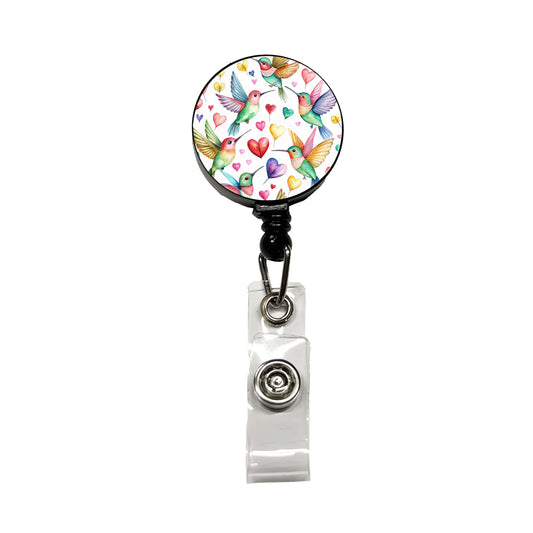 Lots Of Hummingbirds And Hearts Retractable ID Key Card Name Tag Badge Holder with Clip